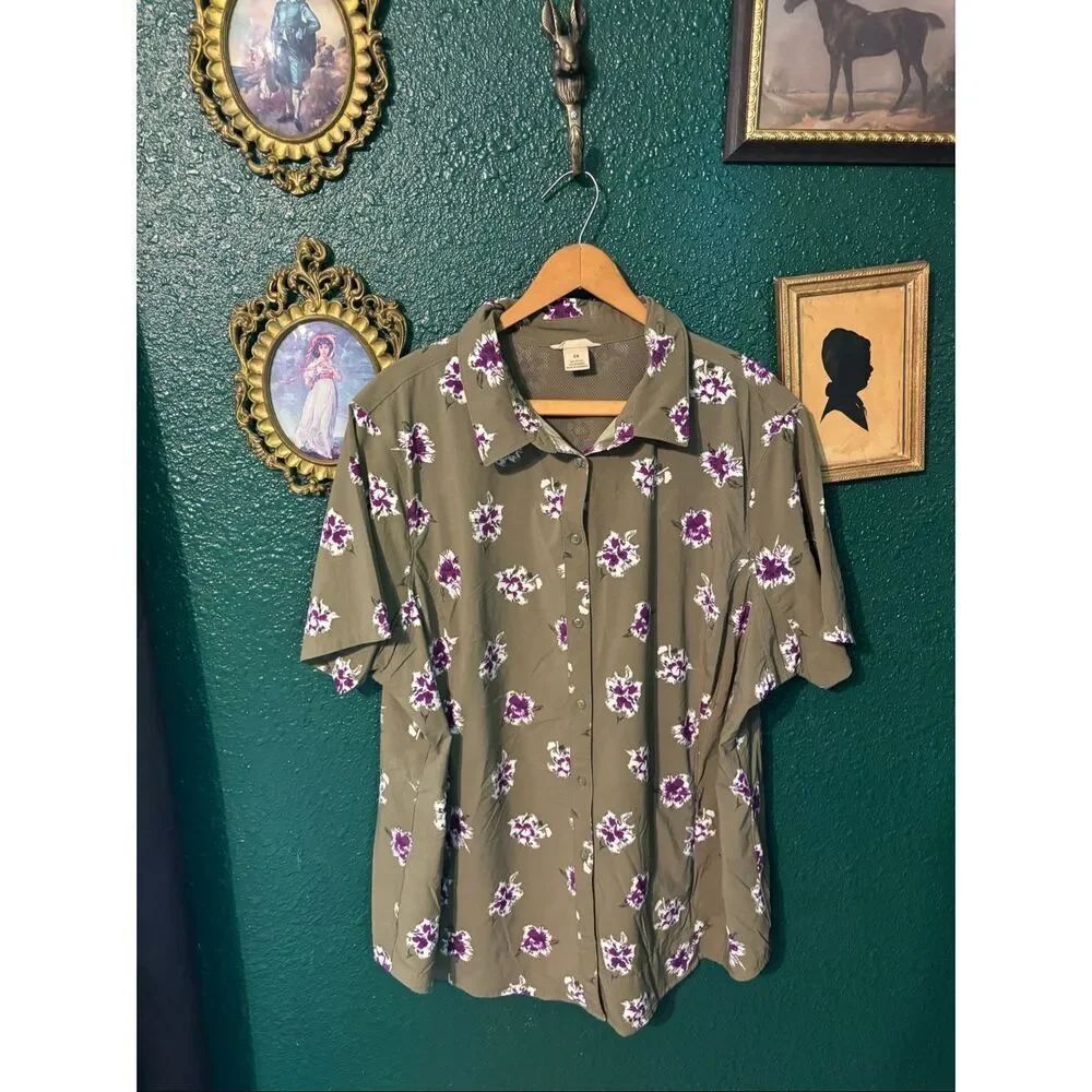 Duluth Trading Co Green Floral Short Sleeve Button Up 2XL